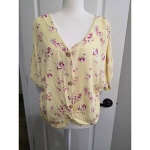 SO Women XL Yellow Floral Knot Front V-Neck Short Sleeve Rayon Blouse JG05W012RP